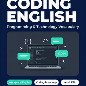 Peut inclure: Graphique bleu marine avec le texte « CODING ENGLISH » et « Programming & Technology Vocabulary ». Il présente un ordinateur portable avec du code, des bulles de dialogue et le texte « ESL for Adult Learners ». Le texte supplémentaire comprend « Workplace English », « Coding Bootcamp » et « Adult ESL ».