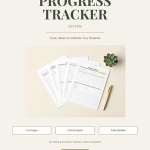 Può includere: Un set di documenti Student Progress Tracker System con diverse pagine bianche a righe, dettagli verdi e dorati, e il testo "STUDENT PROGRESS TRACKER SYSTEM" e "Track, Retain & Celebrate Your Students". Include una penna dorata e una piccola pianta succulenta.