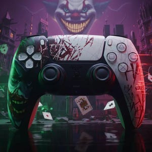 Könnte beinhalten: Individuell gestalteter schwarz-weißer Videospiel-Controller mit einem Joker-Thema. Der Controller hat ein grün-schwarzes Gesichtsdesign, rote Spritzer und das Wort "HA" in Rot. Der Hintergrund zeigt eine Stadtlandschaft und Spielkarten.