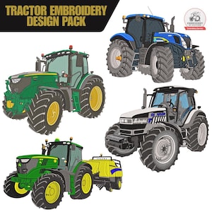 May include: A digital embroidery design pack featuring four distinct tractor illustrations. The collection includes two green tractors with yellow wheels, one blue tractor, and one white and black tractor, all detailed with realistic tread patterns.