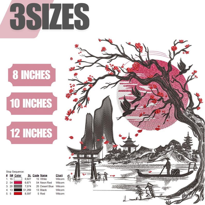 Japanese Cherry Blossom Landscape Embroidery Design | Pagoda, Torii ...