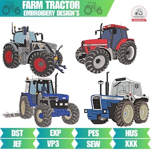 Puede incluir: Un conjunto de diseños de bordado digital con cuatro tractores agrícolas distintos en tonos gris, rojo y azul. La imagen incluye el texto FARM TRACTOR EMBROIDERY DESIGN'S y enumera formatos de archivo como DST, EXP, PES, HUS, JEF, VP3, SEW y XXX.