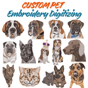Könnte beinhalten: Ein Bild, das das digitale Sticken von Haustieren zeigt. Das Bild zeigt detaillierte gestickte Porträts verschiedener Hunderassen und Katzen, darunter ein Bernhardiner, ein Boxer und eine Katze. Der Text "CUSTOM PET Embroidery Digitizing" wird oben angezeigt.