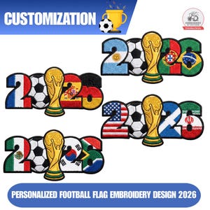 May include: A collection of embroidered patches featuring the year 2026, incorporating various national flags, soccer balls, and a gold trophy design. The text CUSTOMIZATION and PERSONALIZED FOOTBALL FLAG EMBROIDERY DESIGN 2026 are visible.