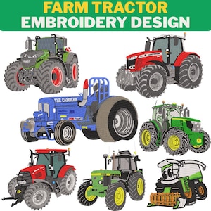 Może przedstawiać: Wzór haftu przedstawiający różne ciągniki rolnicze w różnych kolorach, w tym zielonym, czerwonym i niebieskim. Tekst "FARM TRACTOR EMBROIDERY DESIGN" znajduje się na górze obrazu.