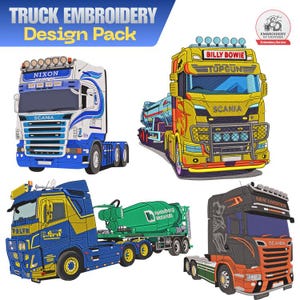 May include: A digital embroidery design pack featuring four distinct truck illustrations. The designs include a white and blue Scania truck, a yellow Scania tanker truck, a blue and yellow Volvo cement mixer, and an orange and black Scania truck.