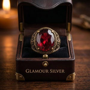 May include: A vintage-style ring with a large, oval, faceted red gemstone. The ring has an ornate, antique gold-colored setting. The ring is displayed in a brown leather jewelry box with the text "GLAMOUR SILVER".