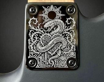 Custom Engraved Guitar Neck Plate | Black Steel, 4-Bolt Fender Mount, Laser Etched, Screws Included