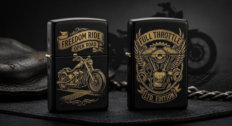 以下が含まれることがあります： 黒いライター2つ。金色でバイクをテーマにしたデザイン。1つは「Freedom Ride Open Road」とバイクのグラフィック。もう1つは「Full Throttle LTD. Edition」とエンジンのグラフィック。