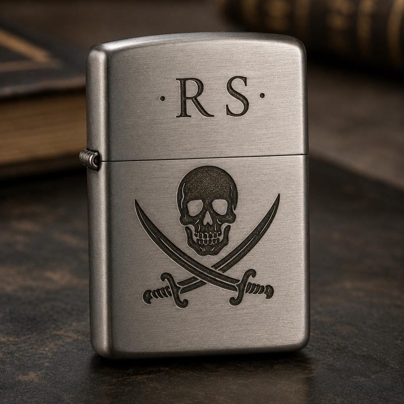 以下が含まれることがあります： 上部に「RS」のイニシャルが刻まれた、つや消しメタルのライター。イニシャルの下には、スカルと交差した骨のデザインがあります。ライターは閉じており、左側にヒンジが付いています。