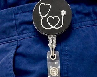 Custom Engraved Badge Reel – Black Acrylic ID Holder for Nurses, Vet Techs, Police, Firefighters