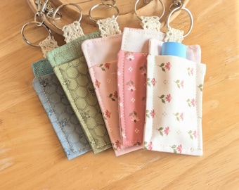 Porte-baume à lèvres en tissu avec porte-clés, étui à baume à lèvres fleuri, anneau porte-clés