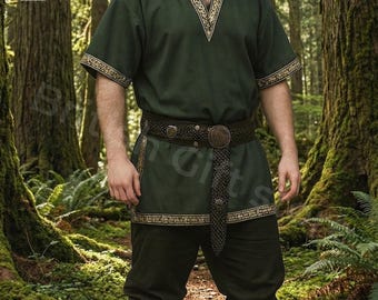 Green Viking Tunic Men's Arvid Norse Knot Shirt, Medieval Costume, LARP Outfit