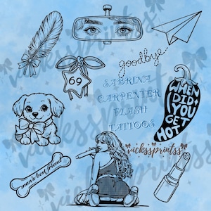 May include: Black and white line art design on a light blue background. The design includes a puppy with a bow, a rearview mirror with eyes, a paper airplane, a feather, a star with the number 69, a chili pepper, a lipstick, and a woman singing.