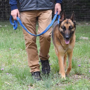 May include: A person wearing brown trousers and a dark blue jacket walks a brown and black German Shepherd dog on a blue lead.