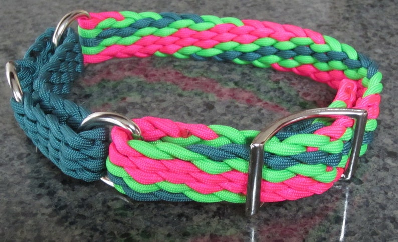 Puede incluir: Un collar para perros vibrante con un dise&ntilde;o trenzado en verde azulado, rosa ne&oacute;n y verde lima. El collar tiene una hebilla y anillas en D de metal plateado. Los colores brillantes crean un accesorio llamativo.