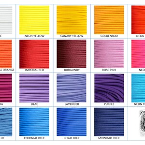 Puede incluir: Una cuadr&iacute;cula de muestras de paracord de colores, cada una en un tono diferente. Los colores incluyen blanco, amarillo ne&oacute;n, amarillo canario, dorado, naranja ne&oacute;n, naranja internacional, rojo imperial, borgo&ntilde;a, rosa y rosa ne&oacute;n. Colores adicionales son fucsia, lila, lavanda, morado, turquesa ne&oacute;n, azul beb&eacute;, azul colonial, azul real y azul medianoche.