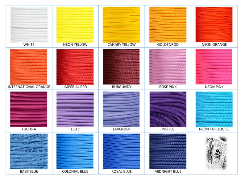 Puede incluir: Una cuadr&iacute;cula de muestras de paracord de colores, cada una en un tono diferente. Los colores incluyen blanco, amarillo ne&oacute;n, amarillo canario, dorado, naranja ne&oacute;n, naranja internacional, rojo imperial, borgo&ntilde;a, rosa y rosa ne&oacute;n. Colores adicionales son fucsia, lila, lavanda, morado, turquesa ne&oacute;n, azul beb&eacute;, azul colonial, azul real y azul medianoche.