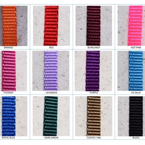 May include: A chart displaying 12 different colours of webbing. The colours are: orange, red, burgundy, hot pink, fuchsia, lavender, purple, ice blue, royal blue, dark green, coyote tan, and black.