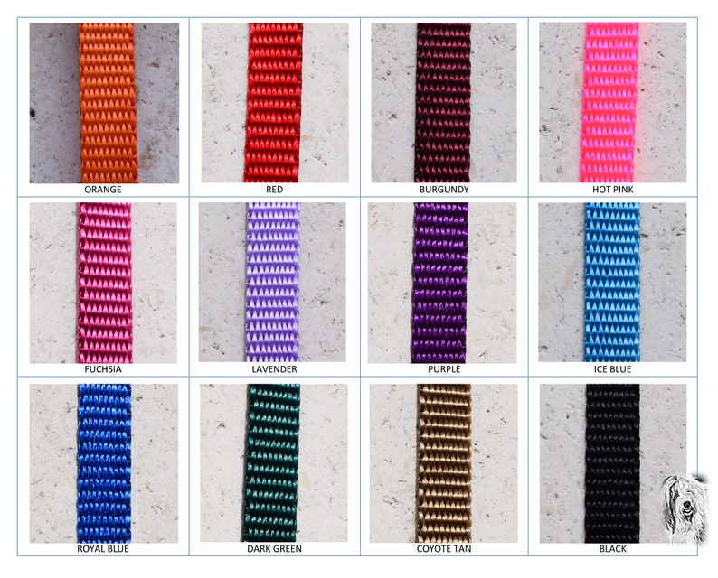 May include: A chart displaying 12 different colours of webbing. The colours are: orange, red, burgundy, hot pink, fuchsia, lavender, purple, ice blue, royal blue, dark green, coyote tan, and black.
