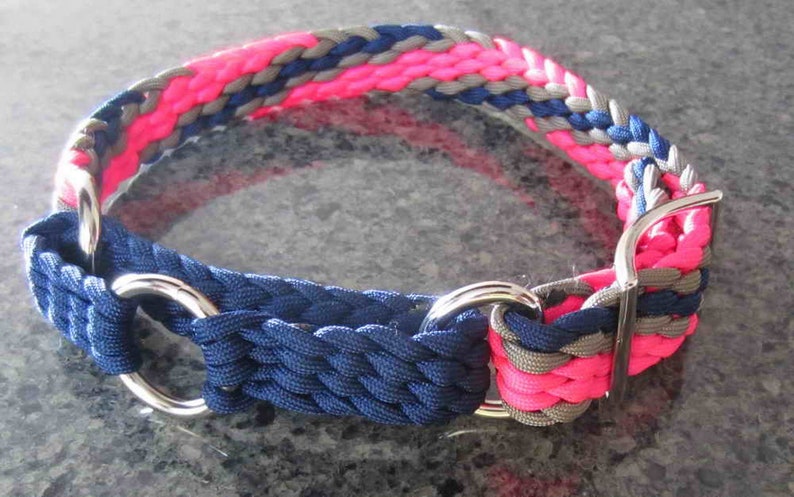 Puede incluir: Collar trenzado para perros con una combinaci&oacute;n de colores vibrantes. El collar presenta una combinaci&oacute;n de hebras tejidas rosas, grises y azul marino. Tiene herrajes met&aacute;licos plateados, incluidos anillos en D y una hebilla. Este accesorio est&aacute; dise&ntilde;ado para mascotas.