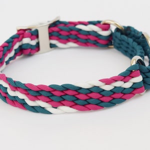 Puede incluir: Un collar trenzado para perros en color turquesa, blanco y magenta. El collar presenta una hebilla plateada y herrajes met&aacute;licos. El dise&ntilde;o trenzado est&aacute; hecho de material duradero, adecuado para accesorios para mascotas.