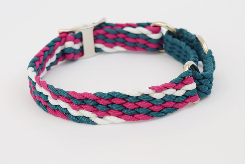 Puede incluir: Un collar trenzado para perros en color turquesa, blanco y magenta. El collar presenta una hebilla plateada y herrajes met&aacute;licos. El dise&ntilde;o trenzado est&aacute; hecho de material duradero, adecuado para accesorios para mascotas.