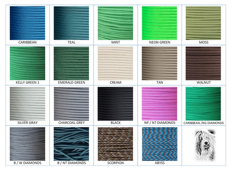 Puede incluir: Una paleta de colores de paracord en varios tonos, incluyendo azul, verde y tonos neutros. Cada color est&aacute; etiquetado con su nombre, como "Caribe" o "Negro". Tambi&eacute;n se incluye un dibujo de un perro.