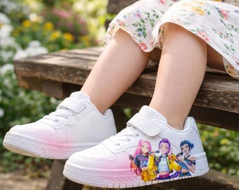 Kinder Cartoon Charakter Sneakers, Weiße PU-Leder Klettschuhe