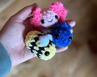 INSTANT DOWNLOAD PDF file Bee, Axolotl and Blueberry Keychain Amigurumi Plushie Pattern - Beginner crochet pattern 3-in-1