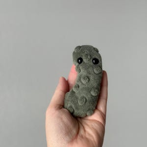 May include: A small, green plush toy shaped like a caterpillar with black eyes. The toy is being held in a person's hand.