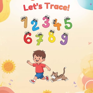 Op de afbeelding: Kleurrijke illustratie voor een traceeractiviteit. De afbeelding toont de tekst "Tracing Activity" en "Let's Trace!" boven de cijfers 1 tot en met 9. Een stripfiguur rent met een kat. De achtergrond is een mix van oranje, geel en blauw.