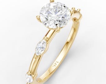 Round Lab Diamond Engagement Ring, 1ct IGI Marquise Band 14K Gold