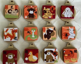 Round, 2-Pack Chinese Zodiac Decoupaged Ornaments