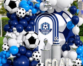 Blue White Silver Soccer Balloon Garland Arch Kit, Sports Theme Party Balloons with Foil Soccer and Star Decorations