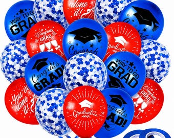 Blue Red Graduation Balloons Set 60PCS Confetti Latex Balloons with Ribbon for Class of 2026 Party Decor