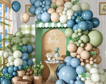 Dusty Blue Sage Green Balloon Garland Arch Kit, 117 Pcs Blue Green Sand White Balloons for Baby Shower Wedding Birthday Party Decor