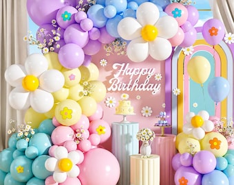 Daisy Balloon Garland Arch Kit, Pastel Rainbow Pink Purple Yellow Blue Balloon Arch with White Flower Balloons for Party Decor