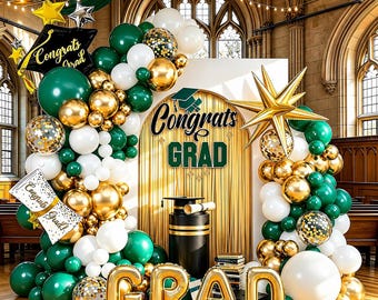 Green Gold White Balloon Arch Kit – Graduation Party 2026