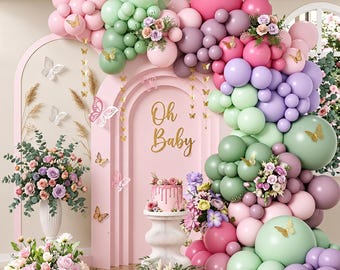 Dusty Green Pink Purple Balloon Arch Garland, Pastel Green Retro Pink Latex Balloons For Girls Birthday Garden Tea Party Decor