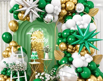 Green White Gold Balloon Arch Garland, Dark Green Metallic Gold White Latex Balloons With Silver Star Balloons For Party Decor