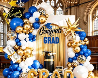 Blue White Gold Balloon Arch Kit – Graduation Party 2026