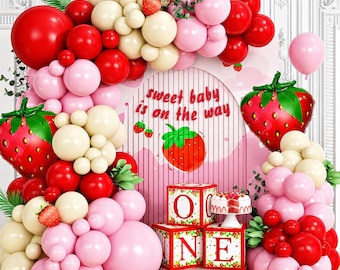 Strawberry Balloon Garland Arch Kit, Red Pink Balloons with Strawberry Foil Decor for Birthday Baby Shower Party