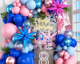 Royal Blue Pink Balloon Arch Garland, Pastel Blue Light Pink Confetti Balloons With Star Foil For Birthday Baby Shower Decor