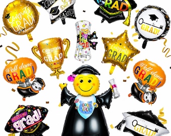 2026 Graduation Balloon Set, 12 Piece Foil Party Balloons With Cap Shape And Round Grad Designs For School Celebration