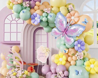Spring Floral Butterfly Balloon Arch Kit, Pastel Green Purple Yellow Balloon Garland, Daisy Balloons for Baby Shower Birthday Tea Party