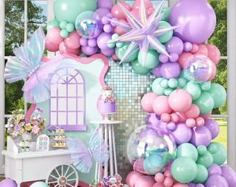 Pastel Purple Pink Green Balloon Arch Garland, Colorful Latex Balloons With Star And 4D Balloons For Birthday Baby Shower Decor