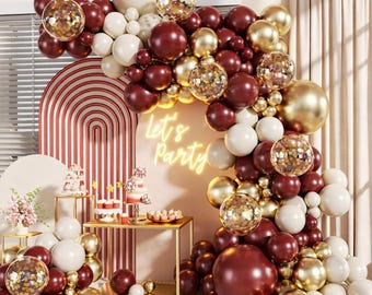 Burgundy Balloon Arch Garland Kit 140PCS, Maroon Gold Sand White Confetti Star Balloons Party Decor