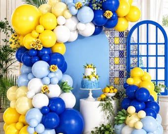 Blue Yellow Lemon Balloon Garland Arch Kit, Royal Blue White Party Balloons for Baby Shower Birthday Wedding Decor