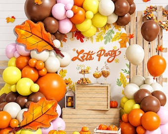 Fall Pink Balloon Garland Arch Kit, Orange Brown White Yellow Boho Balloons for Autumn Thanksgiving Baby Shower Wedding Birthday Decor